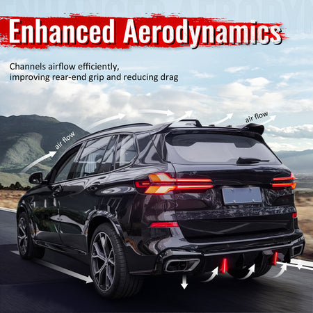 For 19-26 BMW X5 G05 M Sport IKON Rear Bumper Diffuser Lip W/ LED PP Gloss Black