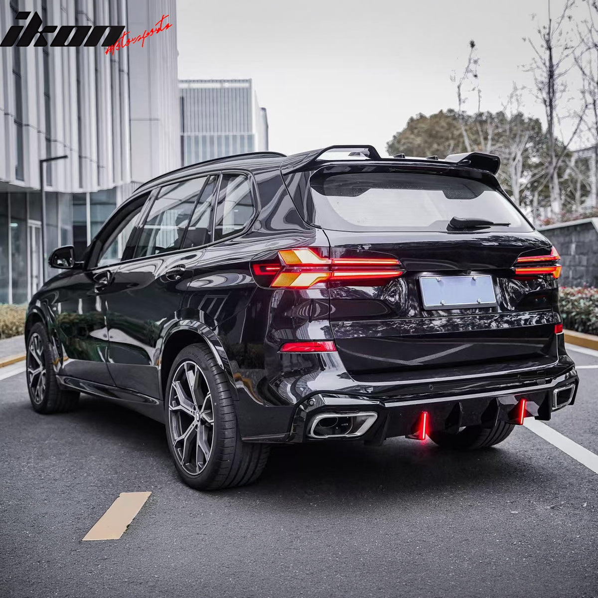 For 19-26 BMW X5 G05 M Sport IKON Rear Bumper Diffuser Lip W/ LED PP Gloss Black