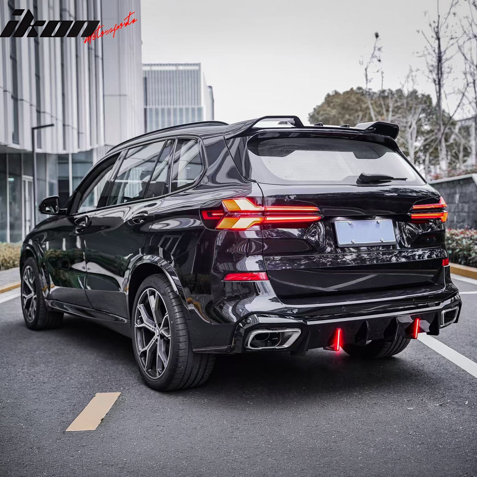 For 19-26 BMW X5 G05 M Sport IKON Rear Bumper Diffuser Lip W/ LED PP Gloss Black