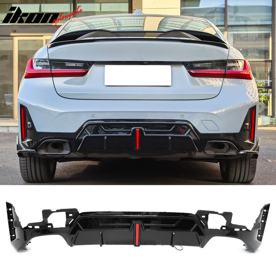 2023-2026 BMW G20 LCI 3-Series 320/330 with M Sport Bumper & M340i/M340i xDrive IKON Style Gloss Black Rear Bumper Lip Diffuser W/LED Brake Light PP