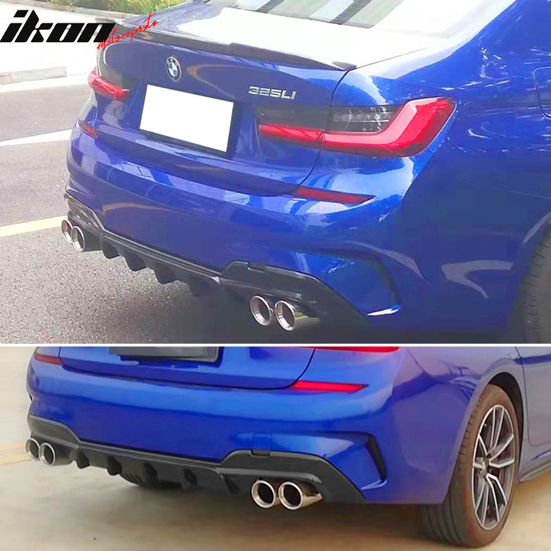 IKON MOTORSPORTS, Rear Diffuser Compatible With 2019-2022 BMW 3 Series G20 330i M Sport， Ikon Style Lower Valance Cover Bumper Lip， Gloss Black - PP