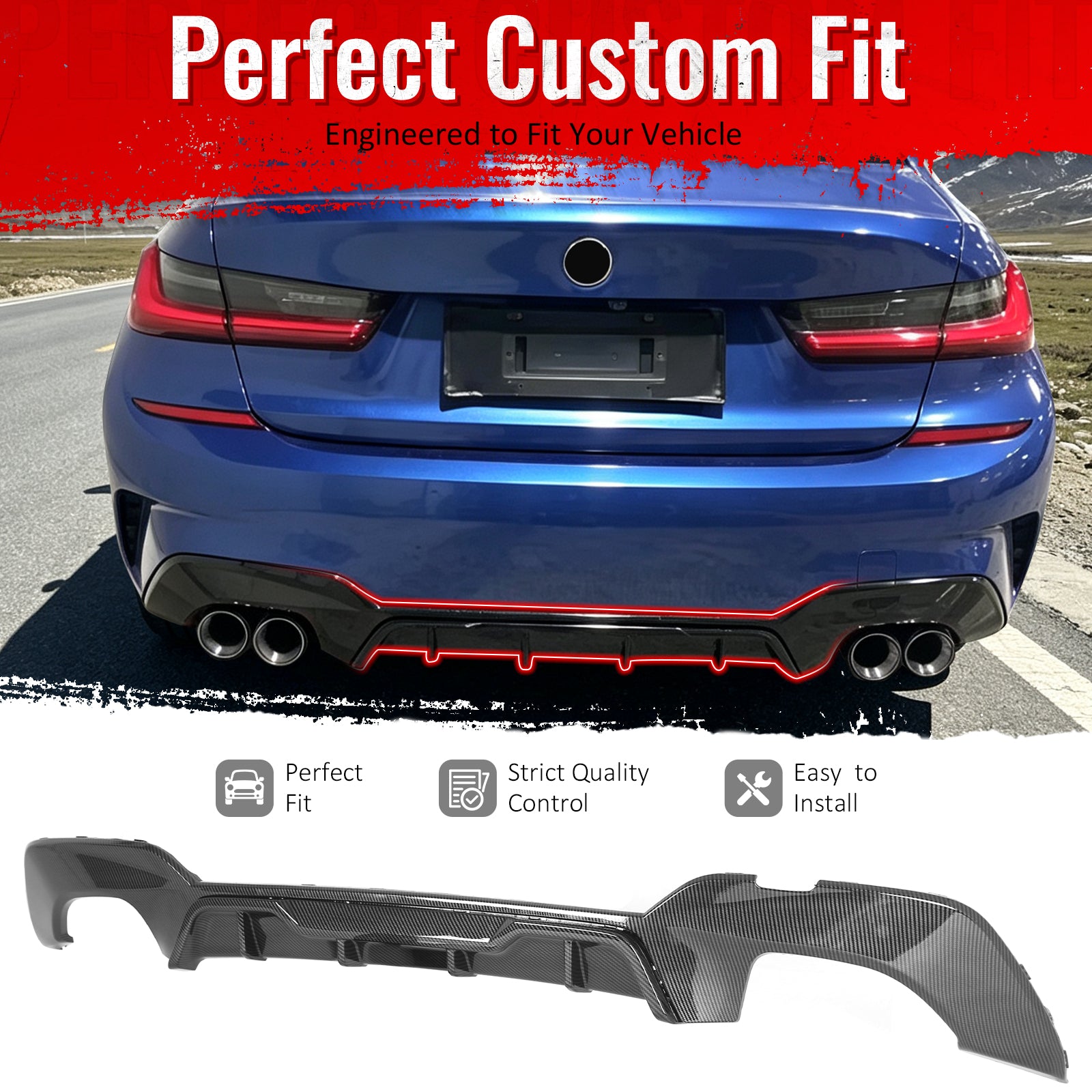 Fit 2019-2020 BMW Pre LCI G20 3 Series Rear Diffuser Carbon Fiber Print