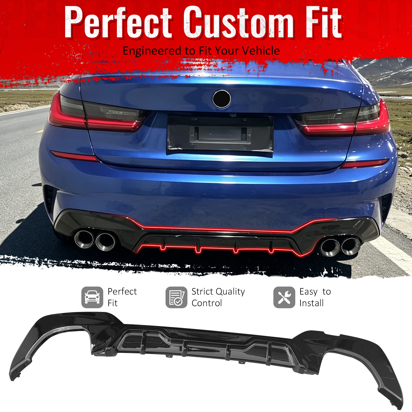 Fit 2019-2020 BMW Pre LCI G20 3 Series Rear Bumper Diffuser Gloss Black