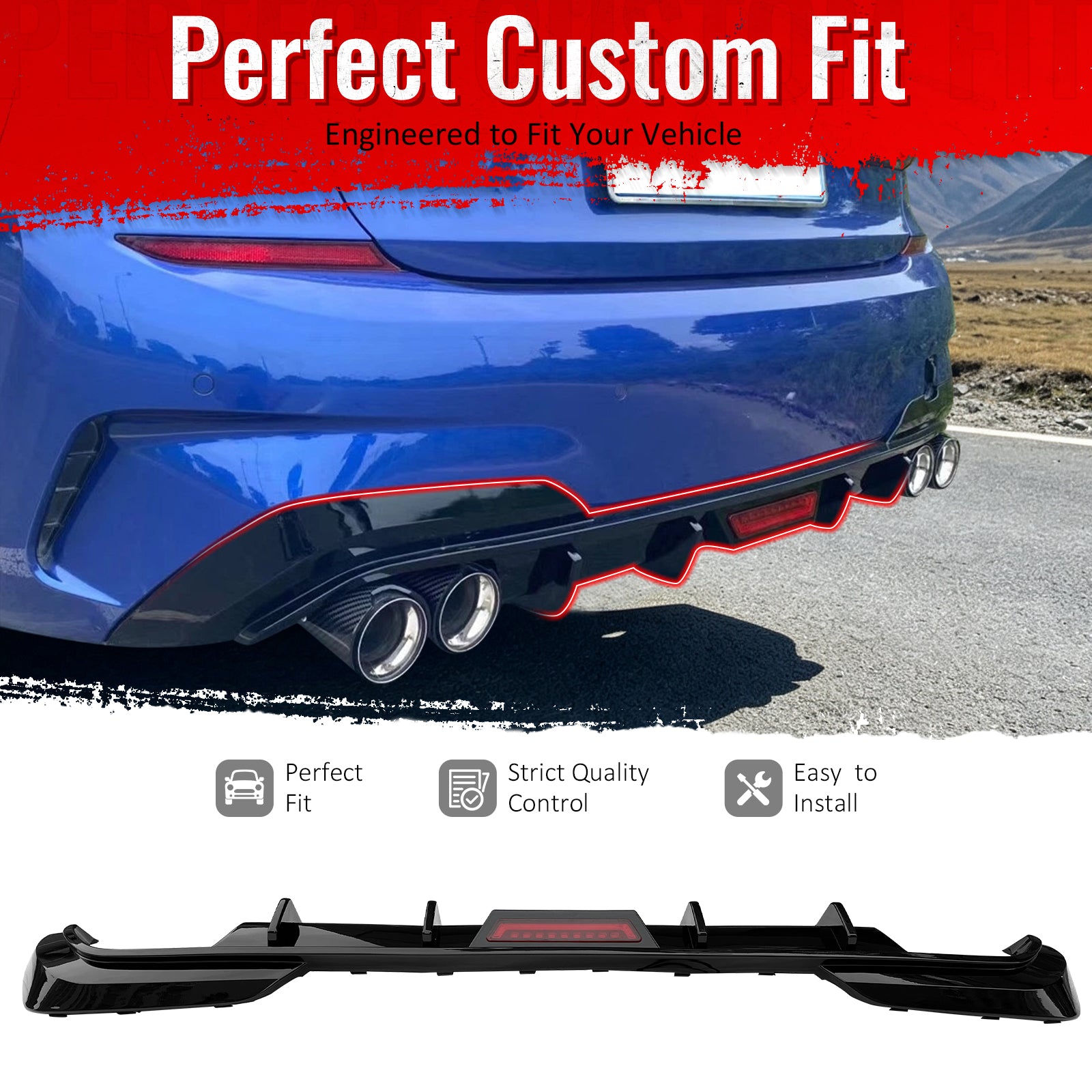 Fit 2019-2020 BMW G20 3 Series Gloss Black Rear Diffuser Bumper Lip w/ LED