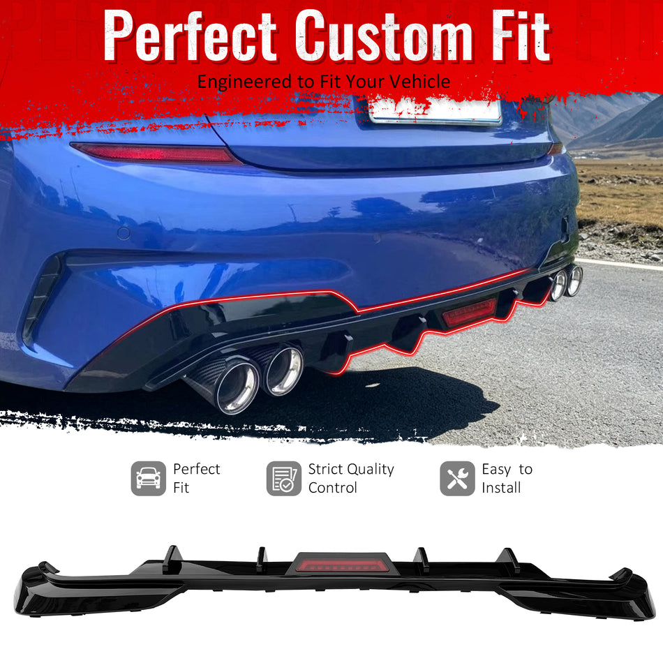 Fit 2019-2020 BMW G20 3 Series Gloss Black Rear Diffuser Bumper Lip w/ LED