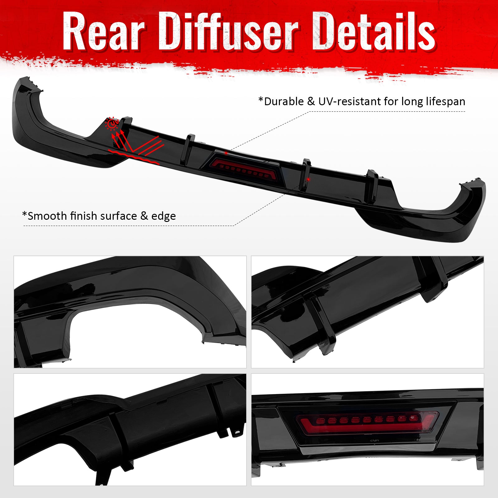 Fits 19-22 BMW Pre LCI G20 3 Series Sedan Gloss Black Rear Diffuser w/ LED Light