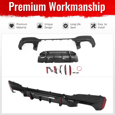 Fits 17-23 BMW 5 Series G30 M Sport IKON Style LED Rear Diffuser w/ CF Print Fin