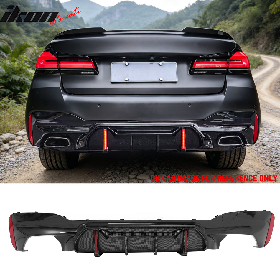 2017-2023 BMW 5 Series G30 M Sport IKON Style Gloss Black Rear Diffuser Carbon Fiber Print Fin w/ LED Lights