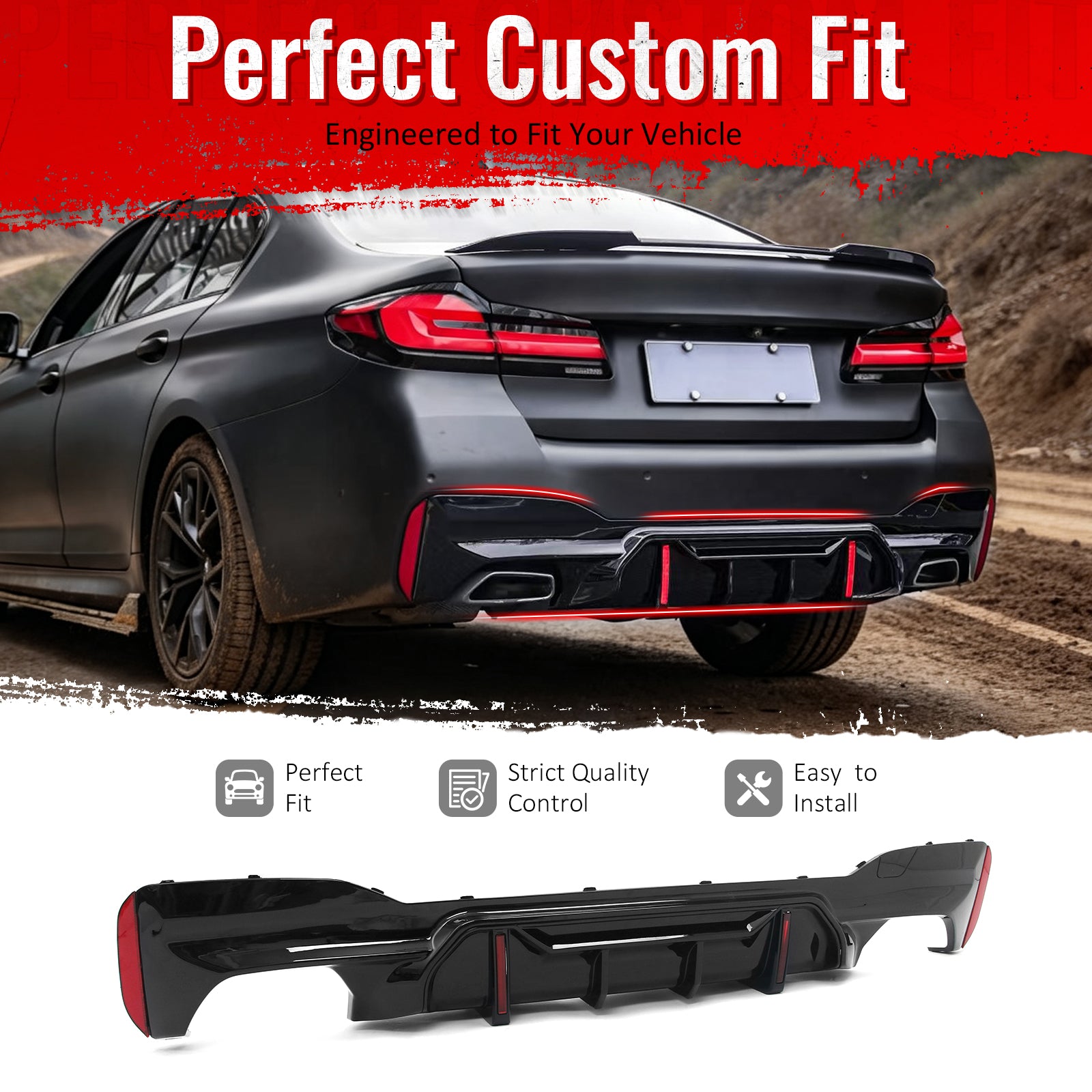 Fit 2017-2023 BMW 5 Series G30 M Sport Rear Bumper Diffuser Gloss Black