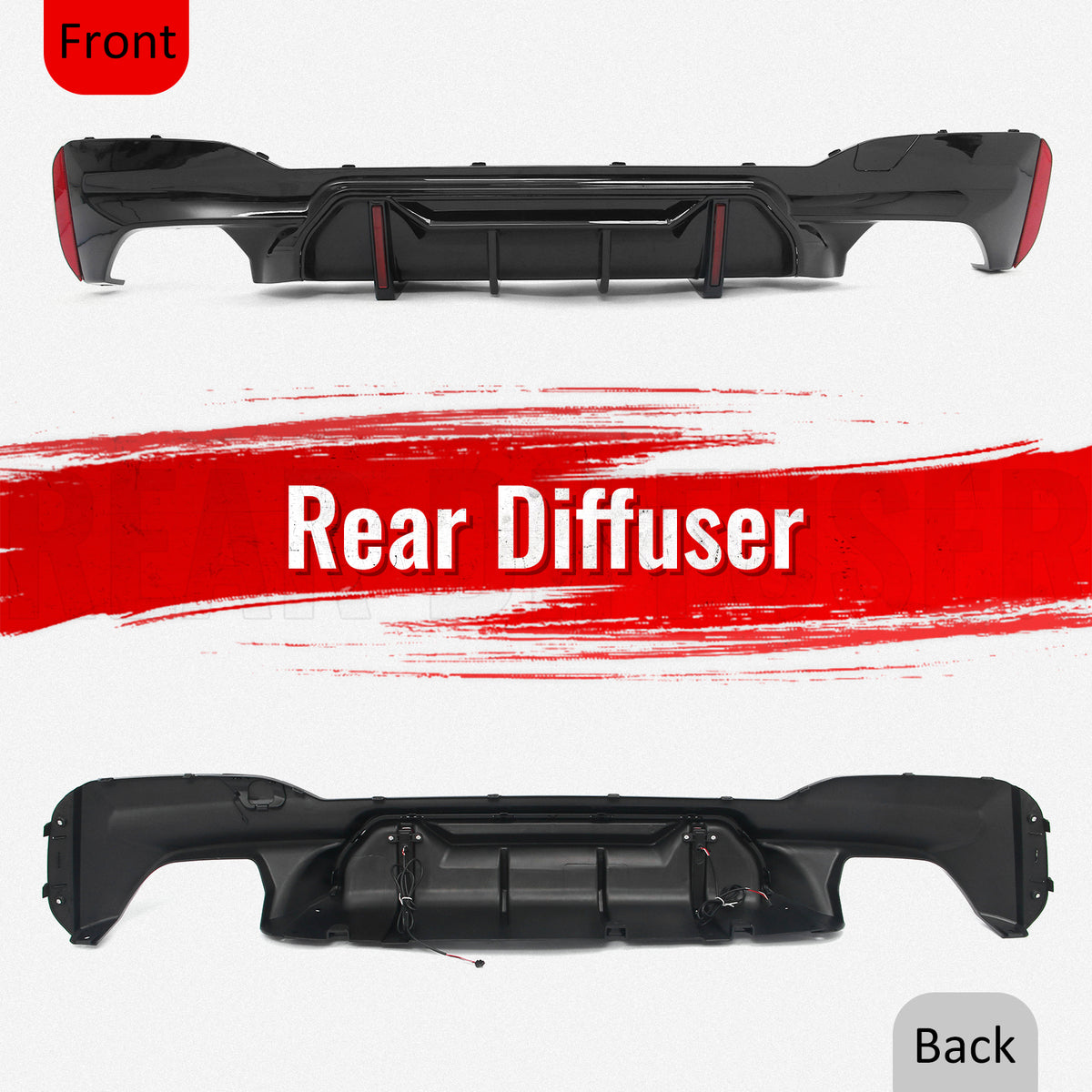 Fits 17-23 BMW 5 Series G30 M Sport Gloss Black IKON Style Rear Diffuser w/ LED