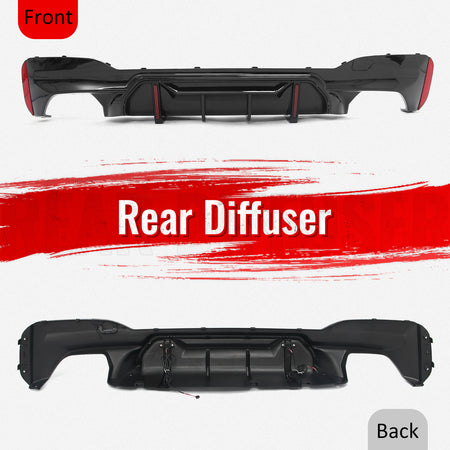Fits 17-23 BMW 5 Series G30 M Sport Gloss Black IKON Style Rear Diffuser w/ LED