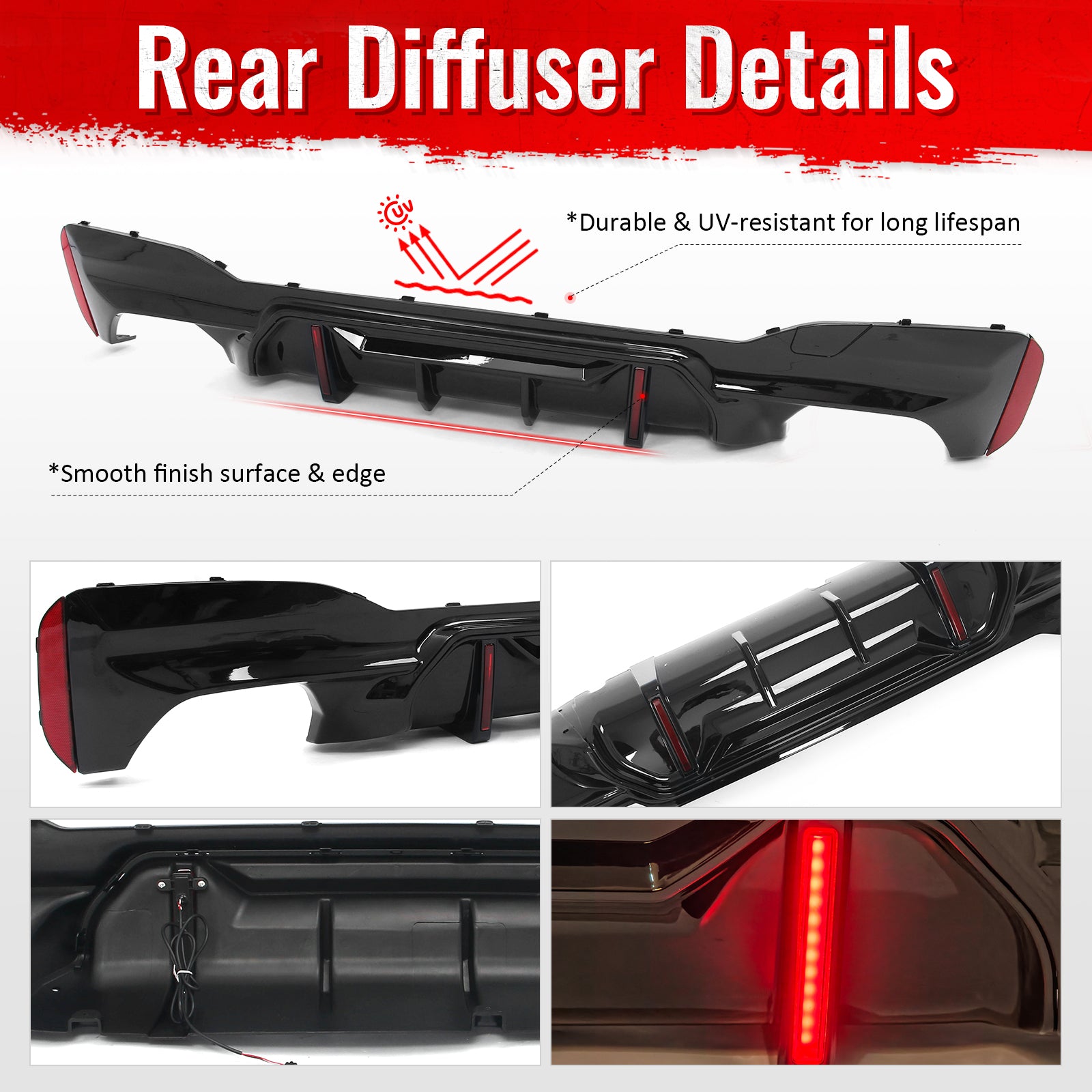 Fits 17-23 BMW 5 Series G30 M Sport Gloss Black IKON Style Rear Diffuser w/ LED