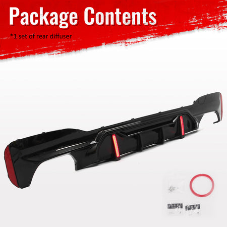 Fits 17-23 BMW 5 Series G30 M Sport Gloss Black IKON Style Rear Diffuser w/ LED