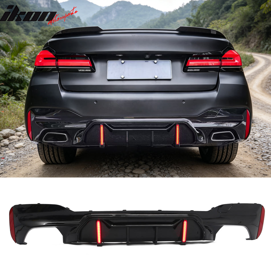 2017-2023 BMW 5 Series G30 M Sport IKON Style Gloss Black PP Rear Bumper Diffuser w/ LED Lights
