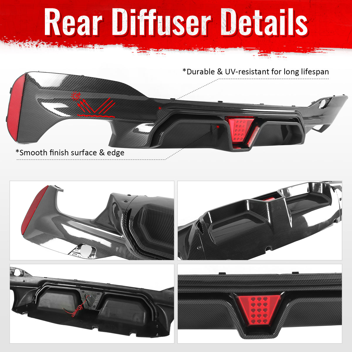 For 17-23 BMW G30 G31 G38 5 Series Carbon Fiber Print M5 CS Rear Diffuser w/ LED