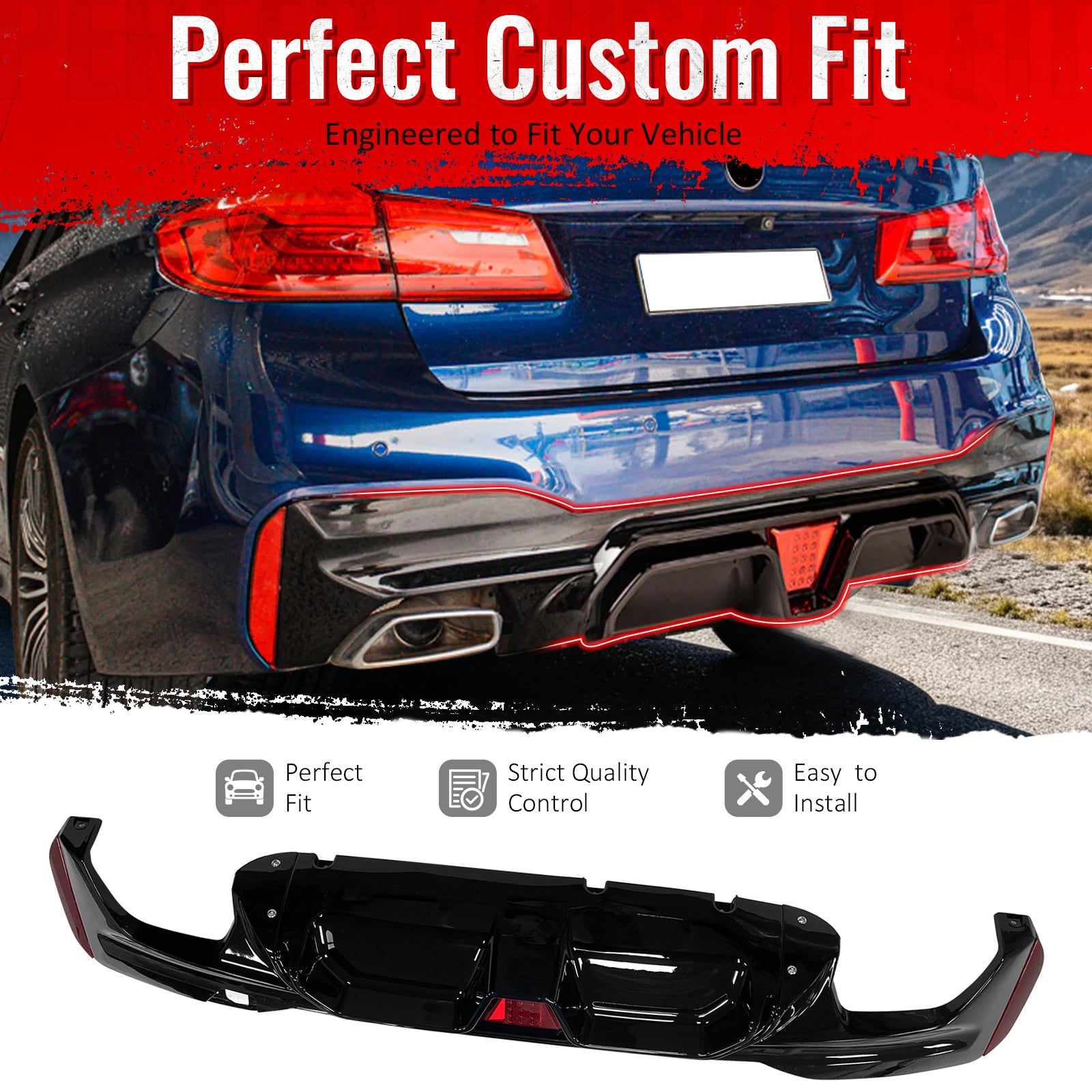 Fit 2017-2023 BMW G30 G31 G38 5 Series Rear Bumper Diffuser Lip Gloss Black