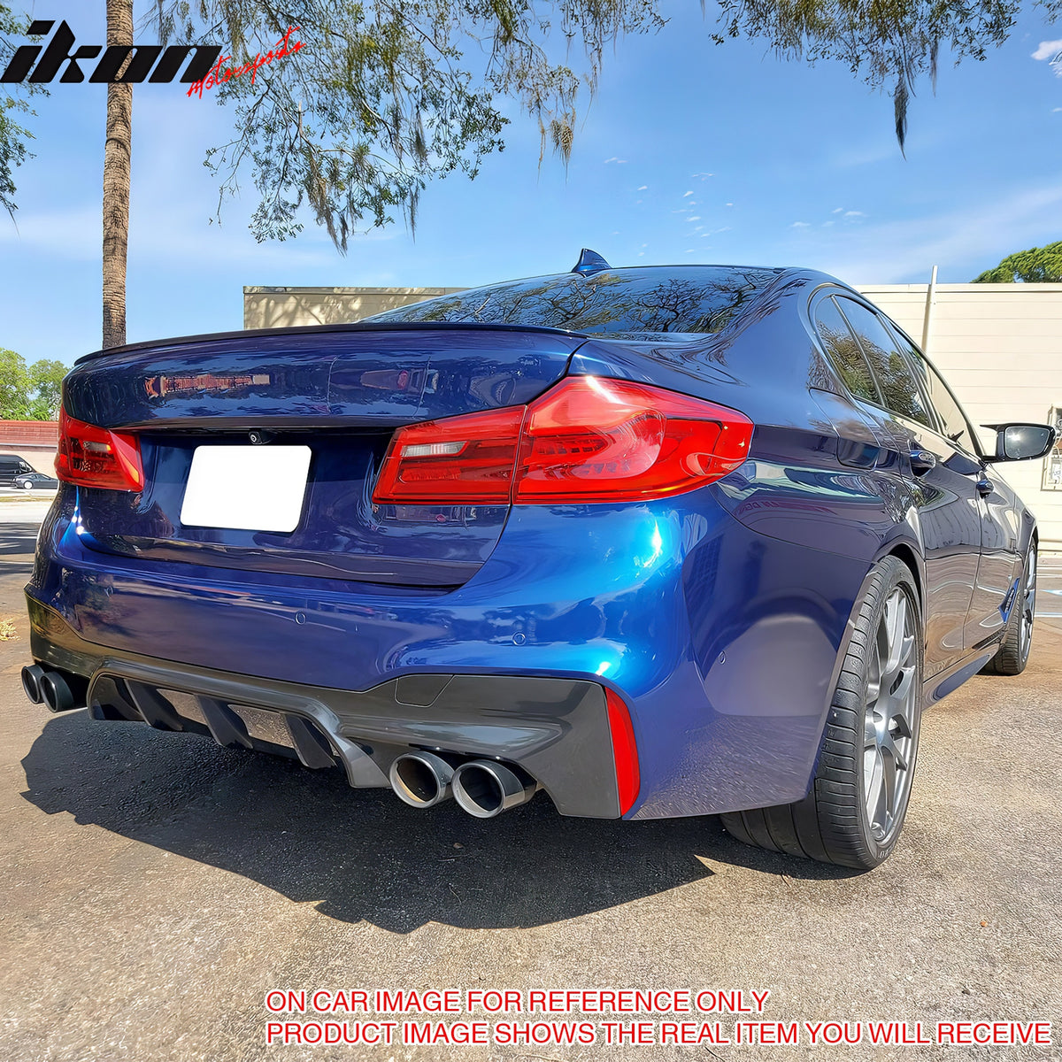 IKON MOTORSPORTS Rear Diffuser, Compatible with 2017-2023 BMW 5 Series G30 M Sport, F90 M5 Competition Style Carbon Fiber Print PP Shark Fin Rear Bumper Valance Spoiler, Air Dam Chin Splitter 1PC