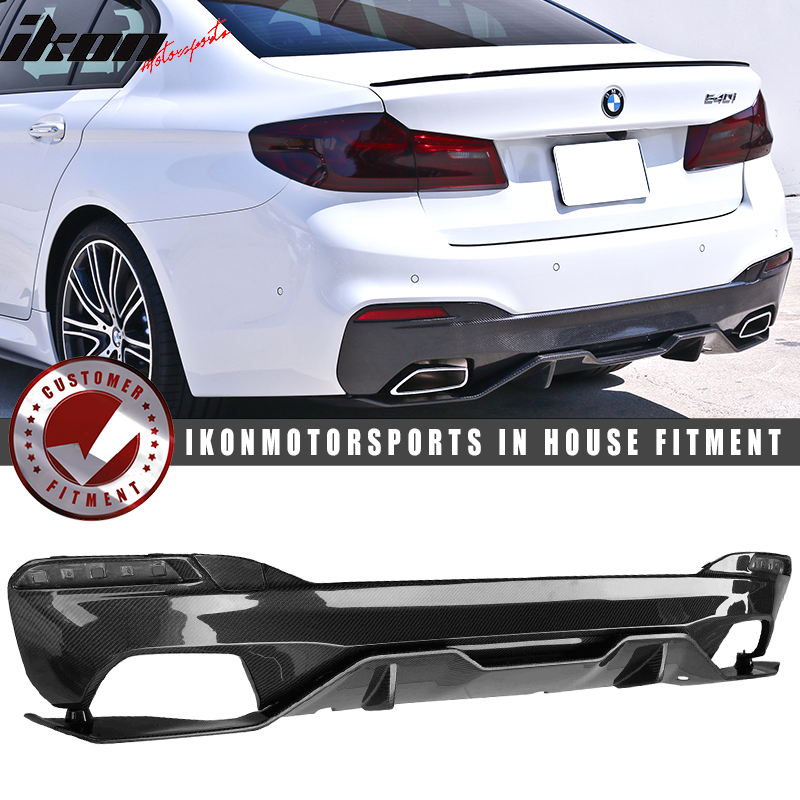IKON MOTORSPORTS, Rear Diffuser Compatible With 2017-2020 BMW 5 Series G30 , Matte Carbon Fiber MP Style Rear Bumper Lip Spoiler Wing, 2018 2019