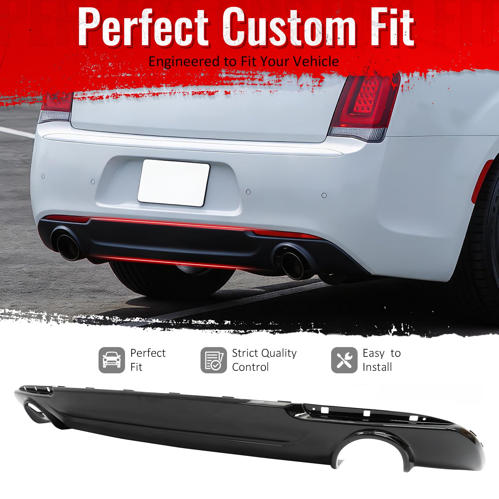IKON MOTORSPORTS Rear Bumper Lip, Compatible with 2015-2023 Chrysler 300 300C SRT Base W/ Round Exhaust, C Style Gloss Black PP Rear Lower Spoiler Air Dam Chin Valance Splitter 1PC