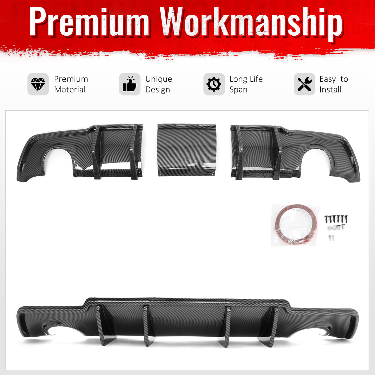 Fits 11-14 Chrysler 300 Rear Bumper Lip Diffuser PP Carbon Fiber Print 3PCS