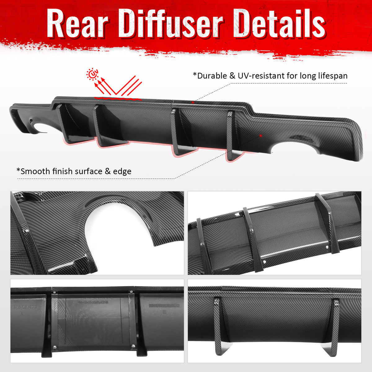 Fits 11-14 Chrysler 300 Rear Bumper Lip Diffuser PP Carbon Fiber Print 3PCS