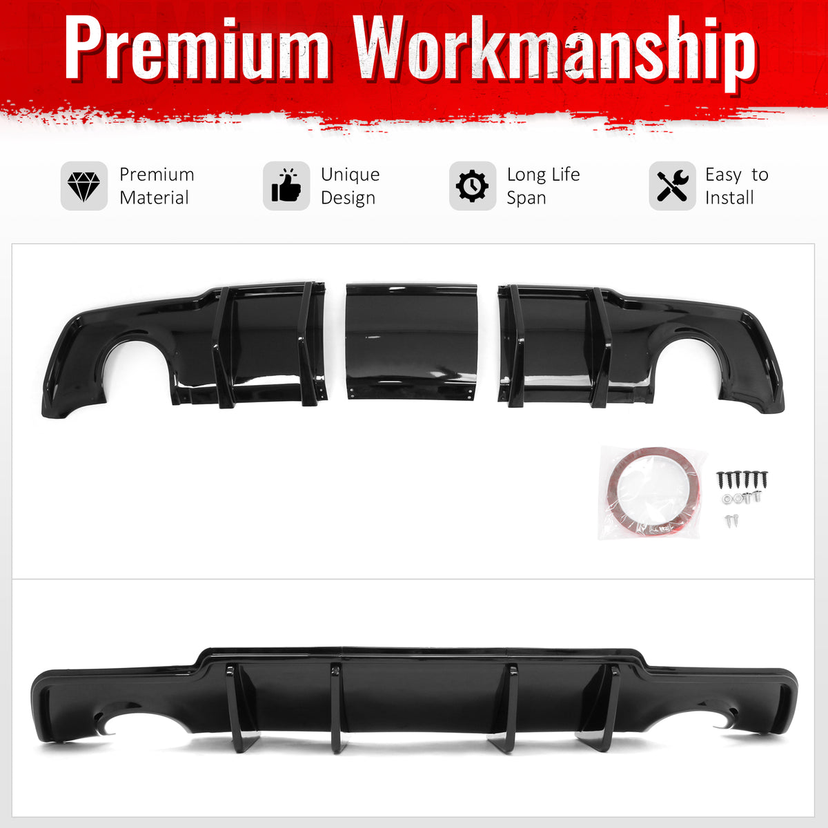 Fits 11-14 Chrysler 300 Rear Bumper Lip Diffuser Valance PP Gloss Black 3PCS