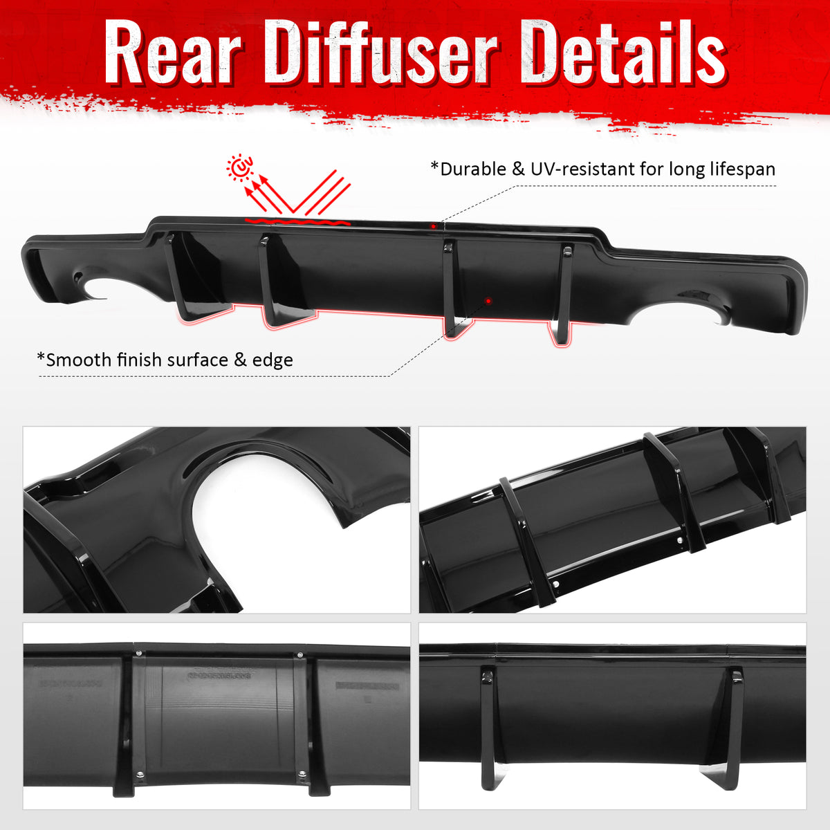 Fits 11-14 Chrysler 300 Rear Bumper Lip Diffuser Valance PP Gloss Black 3PCS