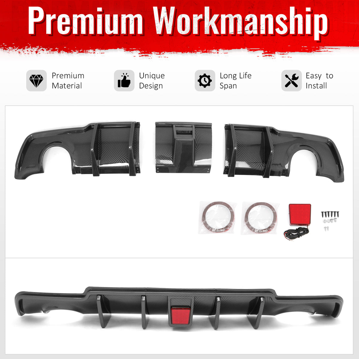 Fits 11-14 Chrysler 300 Rear Bumper Lip Diffuser W/LED Carbon Fiber Print 3PCS