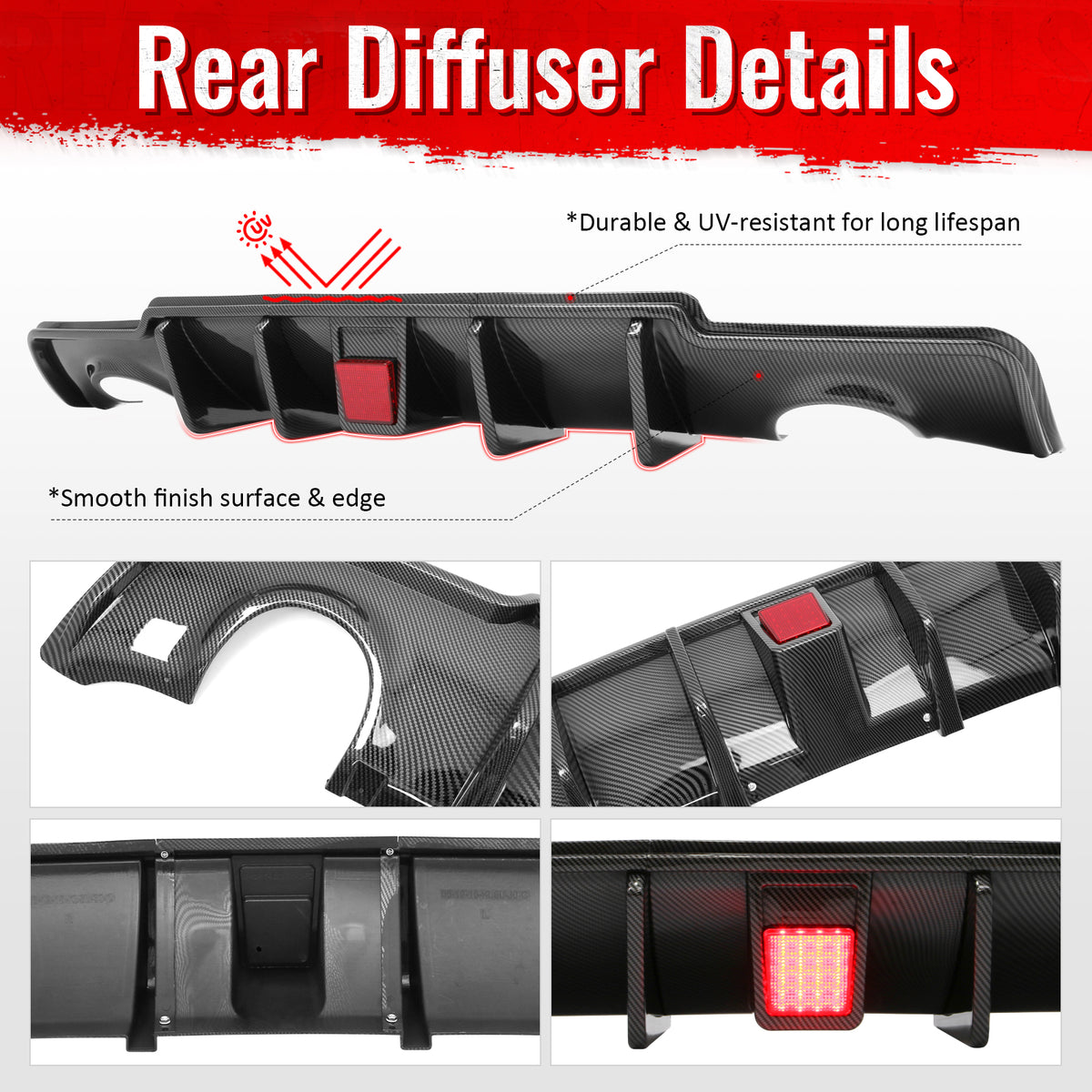 Fits 11-14 Chrysler 300 Rear Bumper Lip Diffuser W/LED Carbon Fiber Print 3PCS