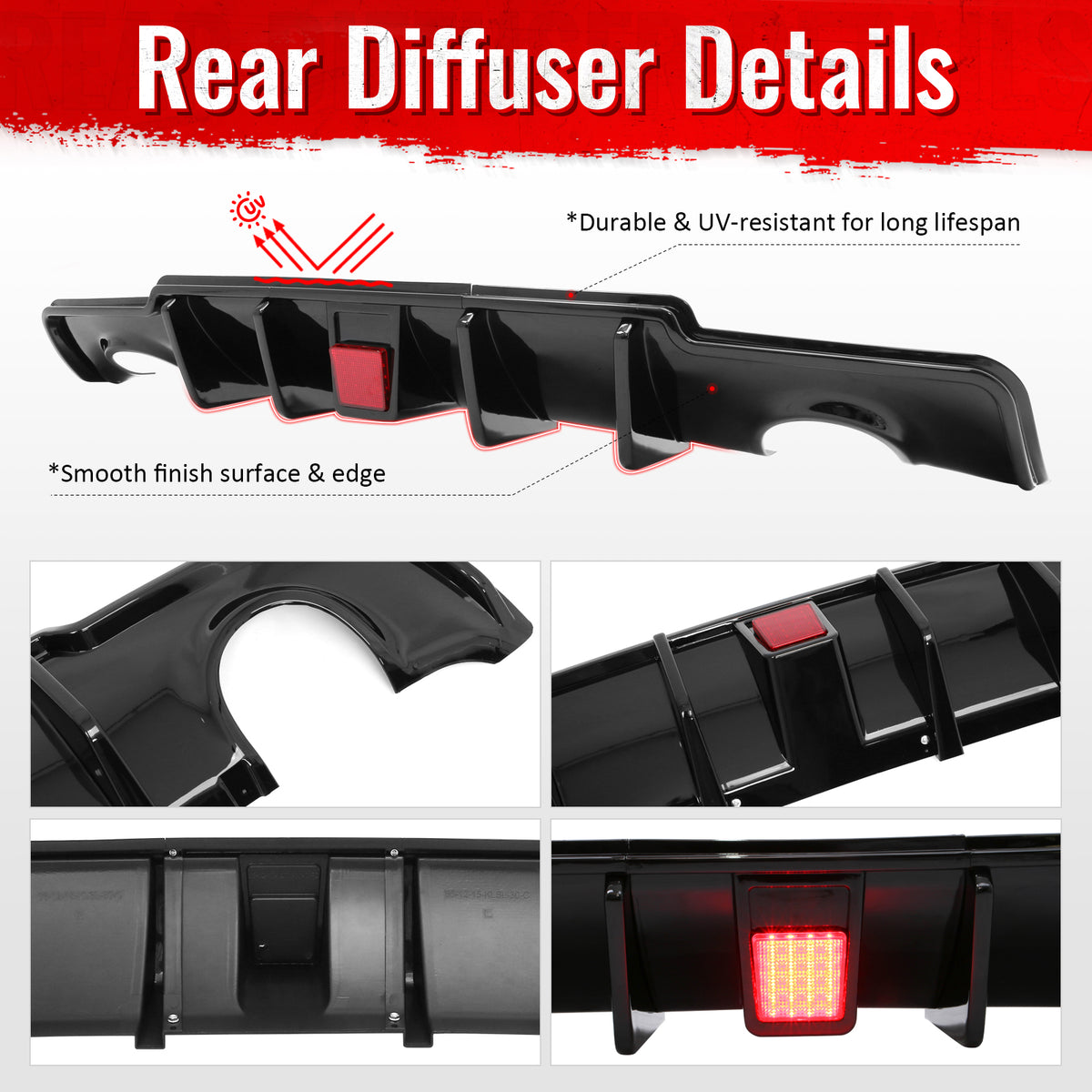 Fits 11-14 Chrysler 300 Rear Lower Bumper Lip Diffuser W/LED PP Gloss Black 3PCS