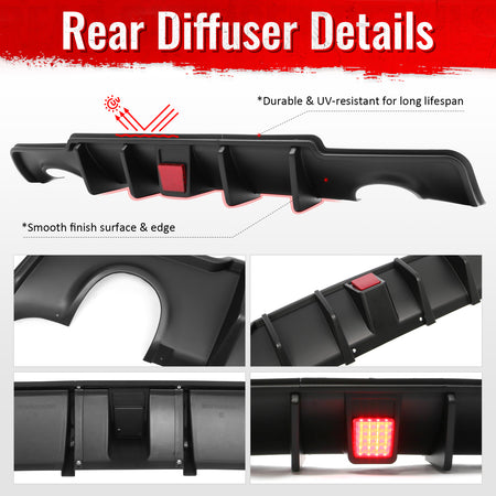 Fits 11-14 Chrysler 300 Rear Lower Bumper Lip Diffuser W/LED PP Matte Black 3PCS