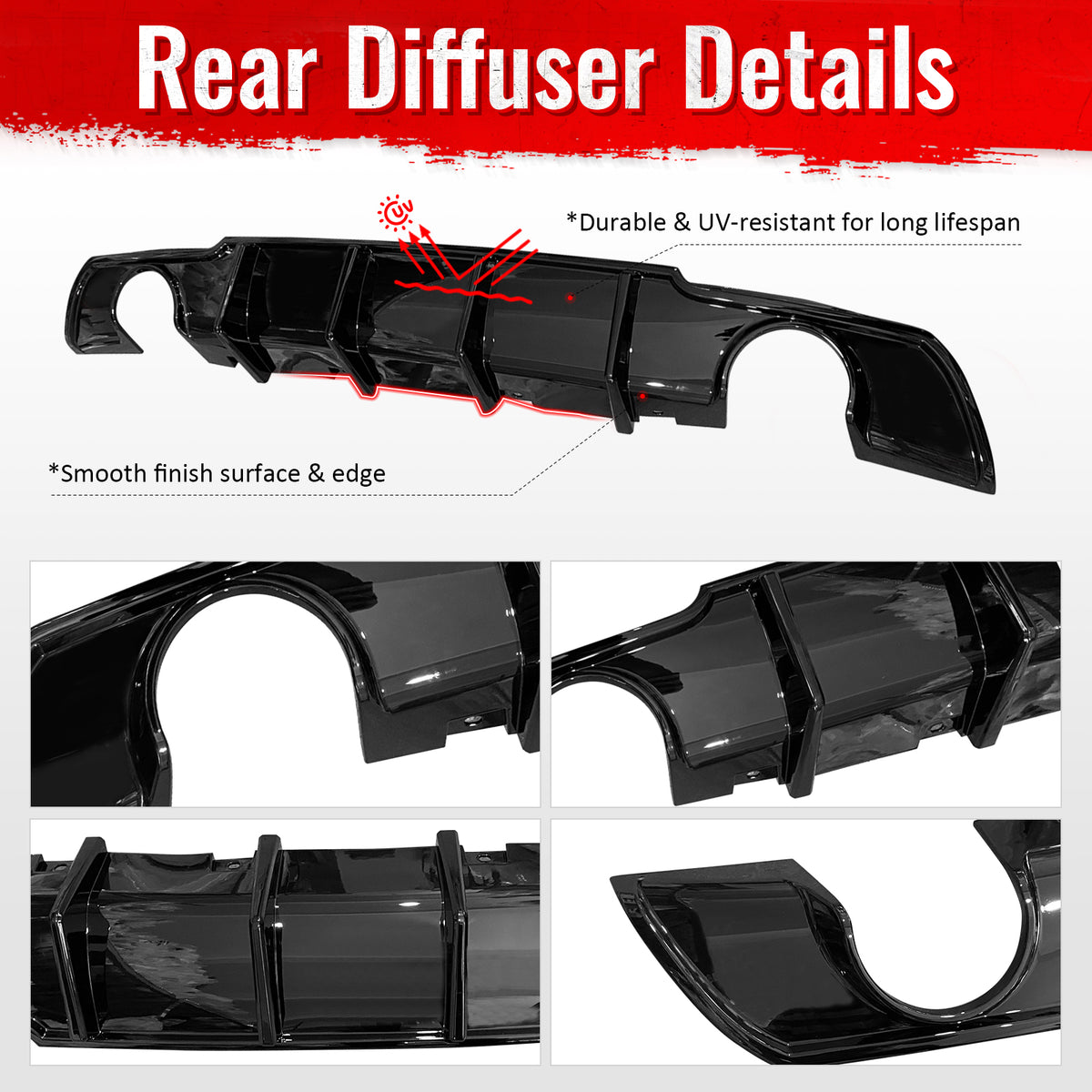 Fits 15-23 Chrysler 300 Gloss Black 4 Shark Fin Rear Bumper Lip Diffuser PP