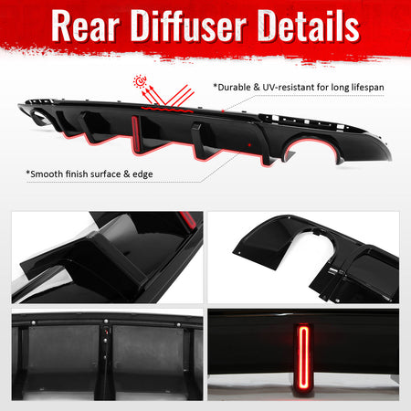 Fits 15-23 Chrysler 300 Gloss Black Rear Bumper Diffuser Shark Fin w/ LED Light