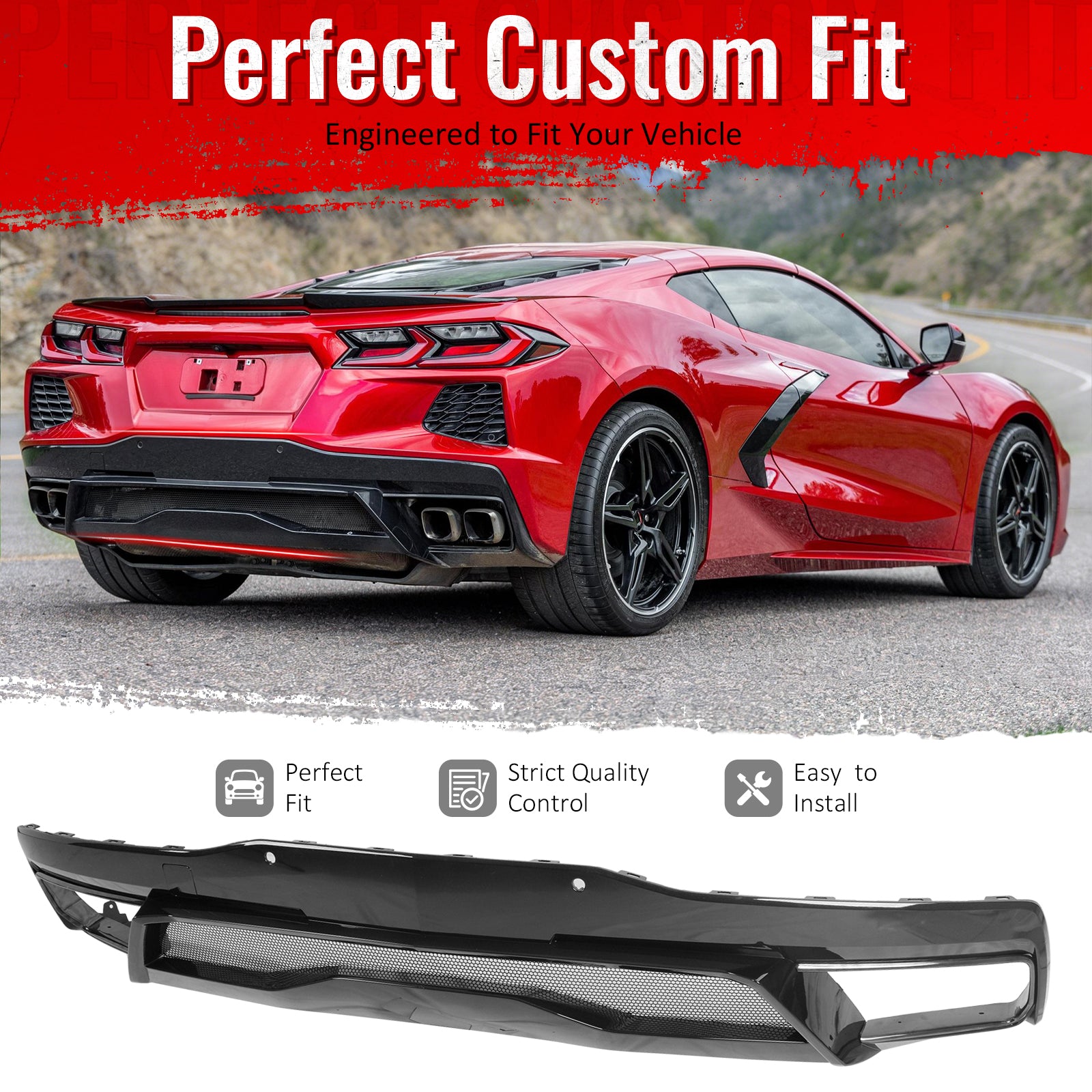 IKON MOTORSPORTS Rear Diffuser Cover, Compatible with 2020-2026 Chevrolet Corvette C8 Stingray & Z51, OE Style Pearl Black PP Rear Bumper Valance Spoiler, Air Dam Chin Splitter Molding Replacement