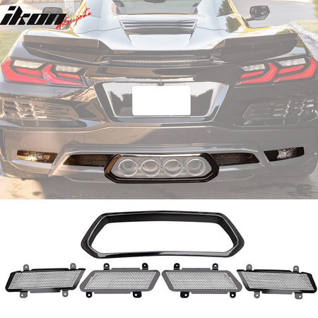 For 20-25 Chevy Corvette C8 Rear Bumper Cover + Silver Quad Exhaust Tip + Grille