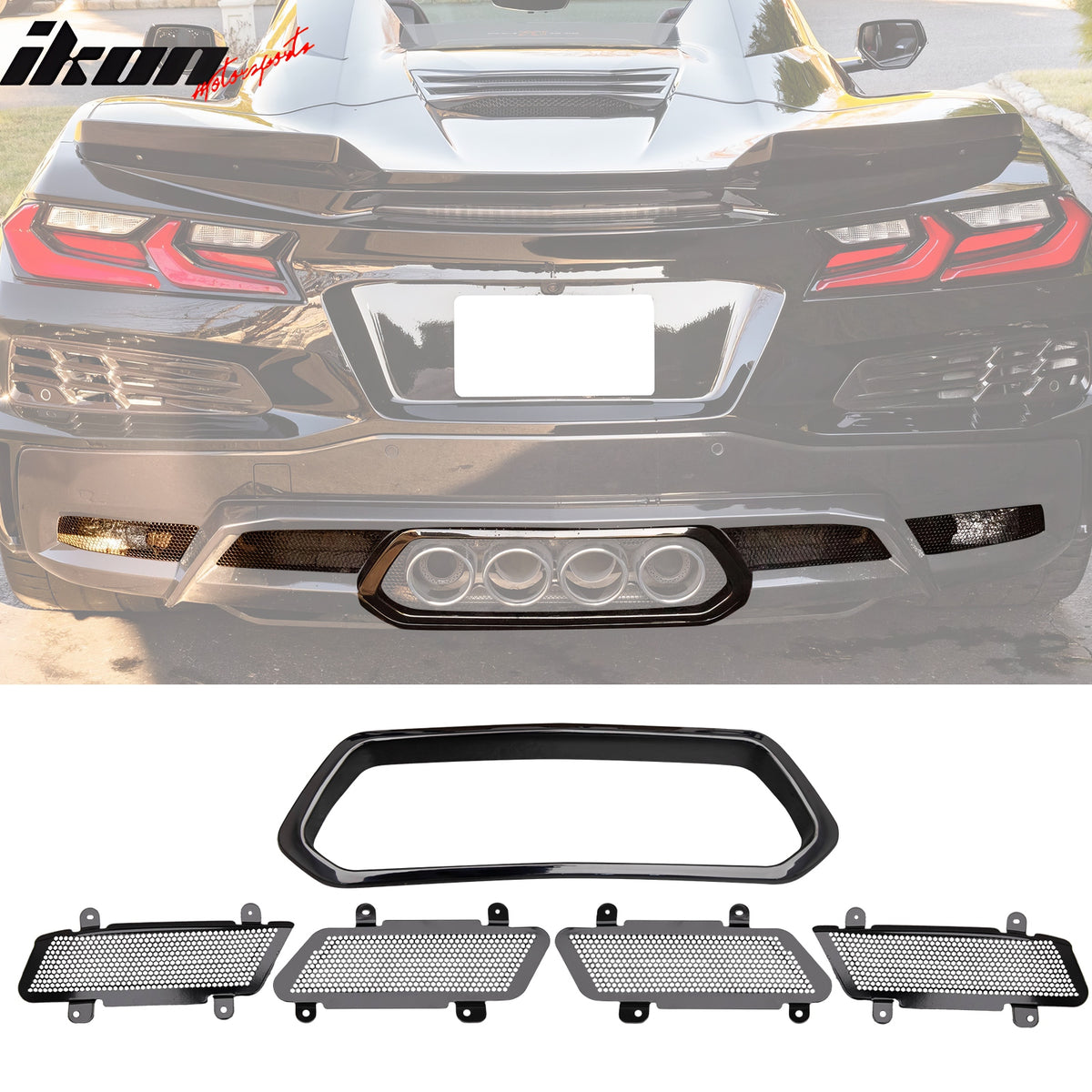For 20-25 Chevy Corvette C8 Rear Diffuser Lip Silver Quad Exhaust Tip + Grille