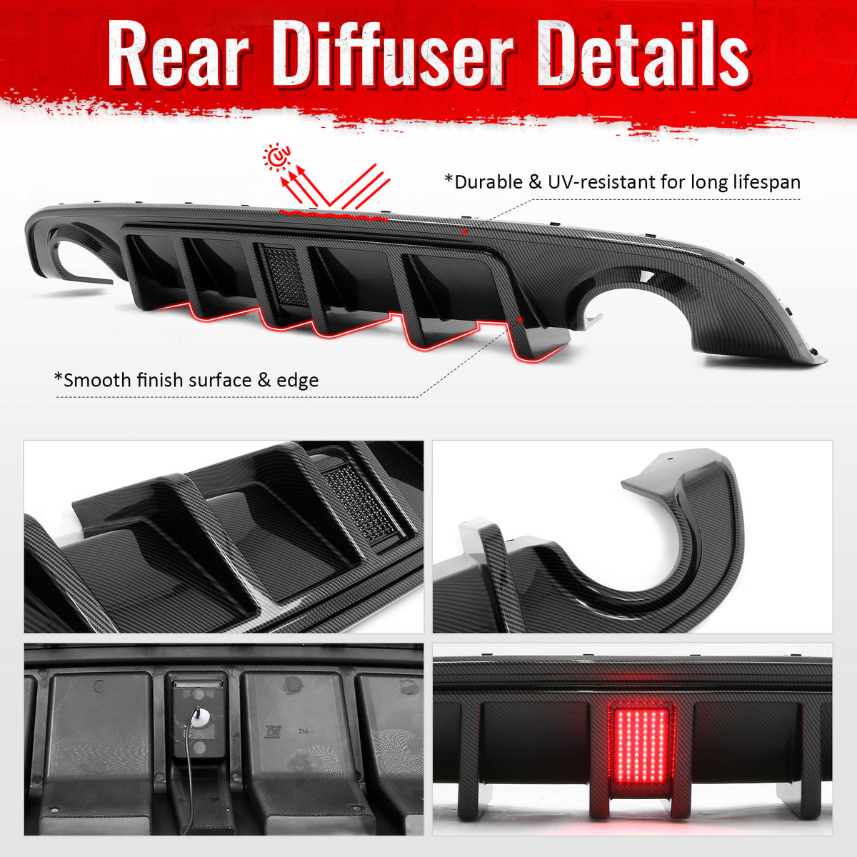 Fits 15-23 Dodge Charger SRT Carbon Fiber Print Rear Diffuser w/ Black LED Light