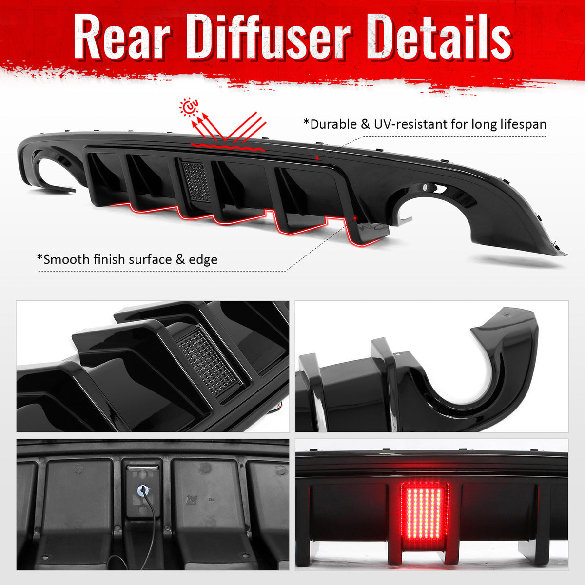 Fits 15-23 Dodge Charger SRT Gloss Black Rear Bumper Diffuser w/ Black LED Light