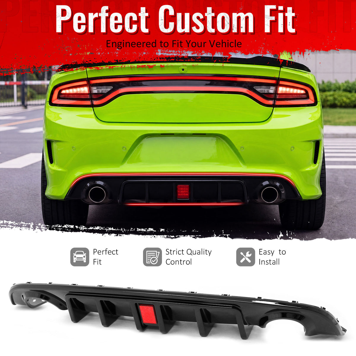 Fit 2015-2023 Dodge Charger SRT Rear Diffuser Bumper Lip w/ Red Light