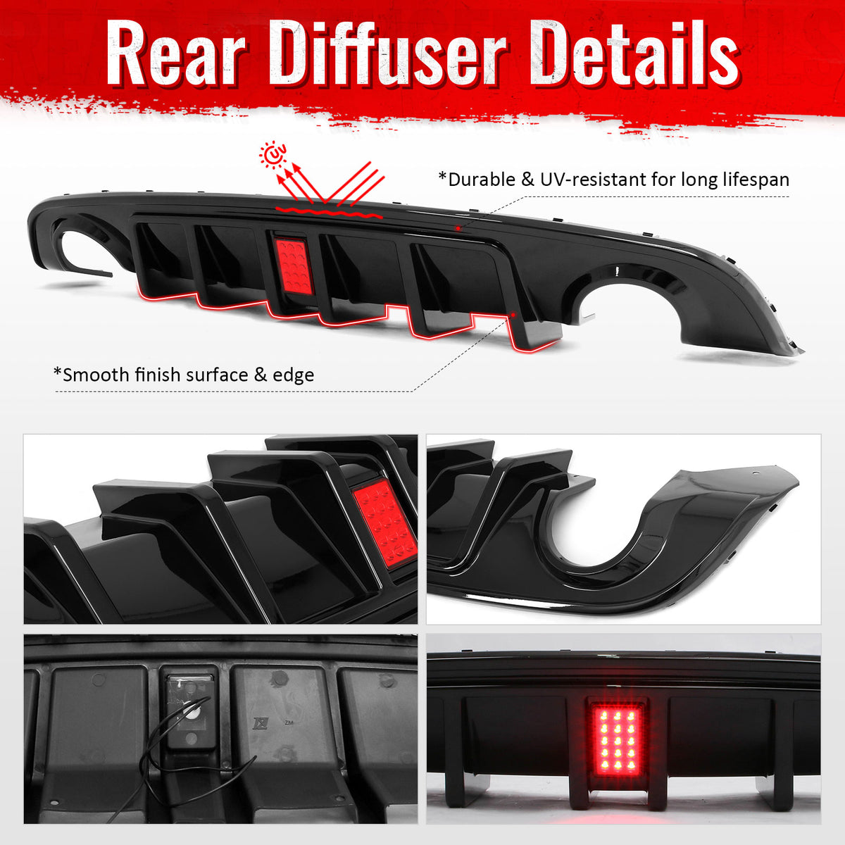 Fits 15-23 Dodge Charger SRT Gloss Black Rear Bumper Diffuser w/ Red LED Light