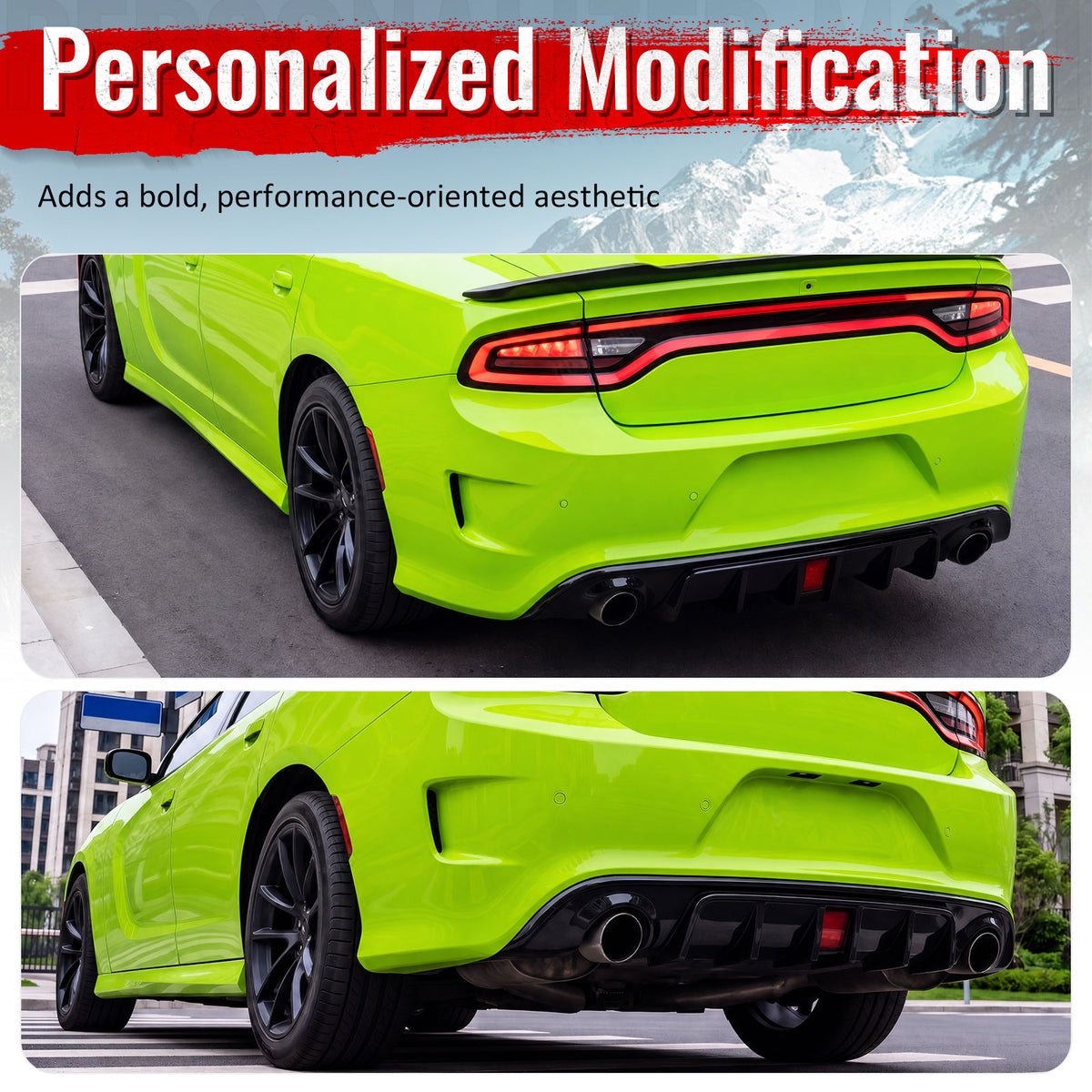 Fits 15-23 Dodge Charger SRT Gloss Black Rear Bumper Diffuser w/ Red LED Light