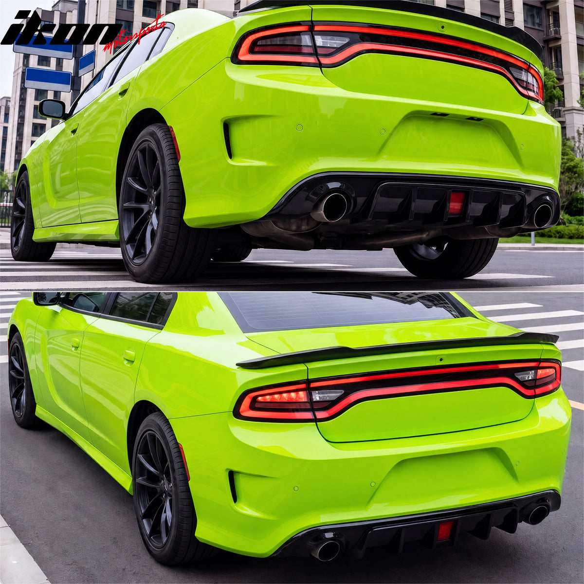 Fits 15-23 Dodge Charger SRT Gloss Black Rear Bumper Diffuser w/ Red LED Light