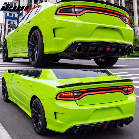 Fits 15-23 Dodge Charger SRT Gloss Black Rear Bumper Diffuser w/ Red LED Light
