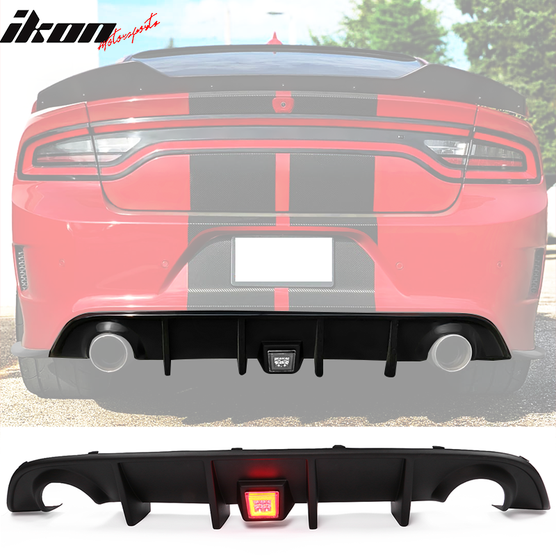 IKON MOTORSPORTS, Compatible With 2015-2023 Dodge Charger SRT Rear Bumper Diffuser V2 Style Valance Side Aprons W/ Clear Brake Light Lamp