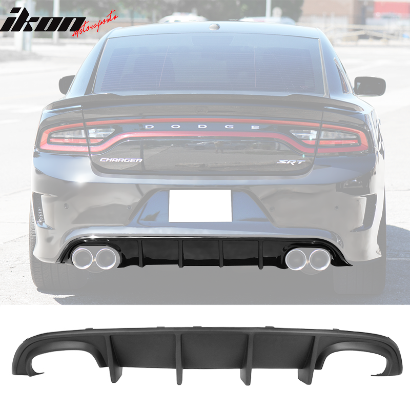 IKON MOTORSPORTS, Rear Bumper Kit Compatible With 2015-2023 Dodge Charger, Rear Bumper Guard Conversion Quad Exhaust Diffuser Lip Unpainted Black PP