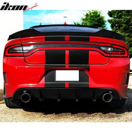 IKON MOTORSPORTS Rear Diffuser Compatible With 2015-2023 Dodge Charger SRT, V2 Style Carbon Fiber Print Bumper Lip Spoiler with Reflective Tape White & Blue & Yellow & Red