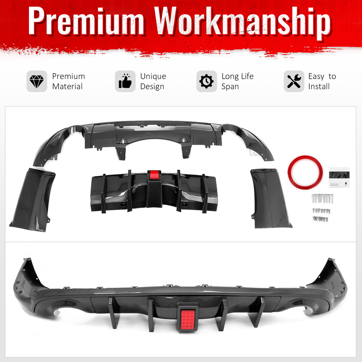 For 11-26 Dodge Durango Carbon Fiber Print Rear Bumper Diffuser w/ Red LED Light