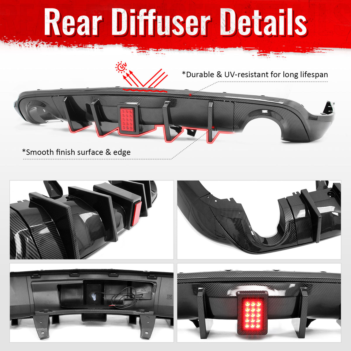 For 11-26 Dodge Durango Carbon Fiber Print Rear Bumper Diffuser w/ Red LED Light