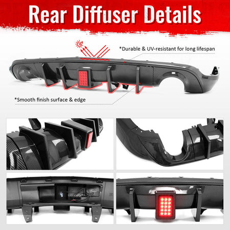 For 11-26 Dodge Durango Carbon Fiber Print Rear Bumper Diffuser w/ Red LED Light