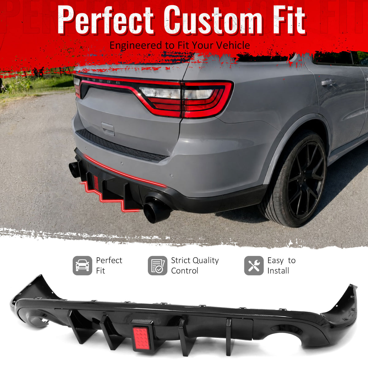 Fit 2011-2026 Dodge Durango Rear Diffuser Bumper Lip Gloss Black w/ LED